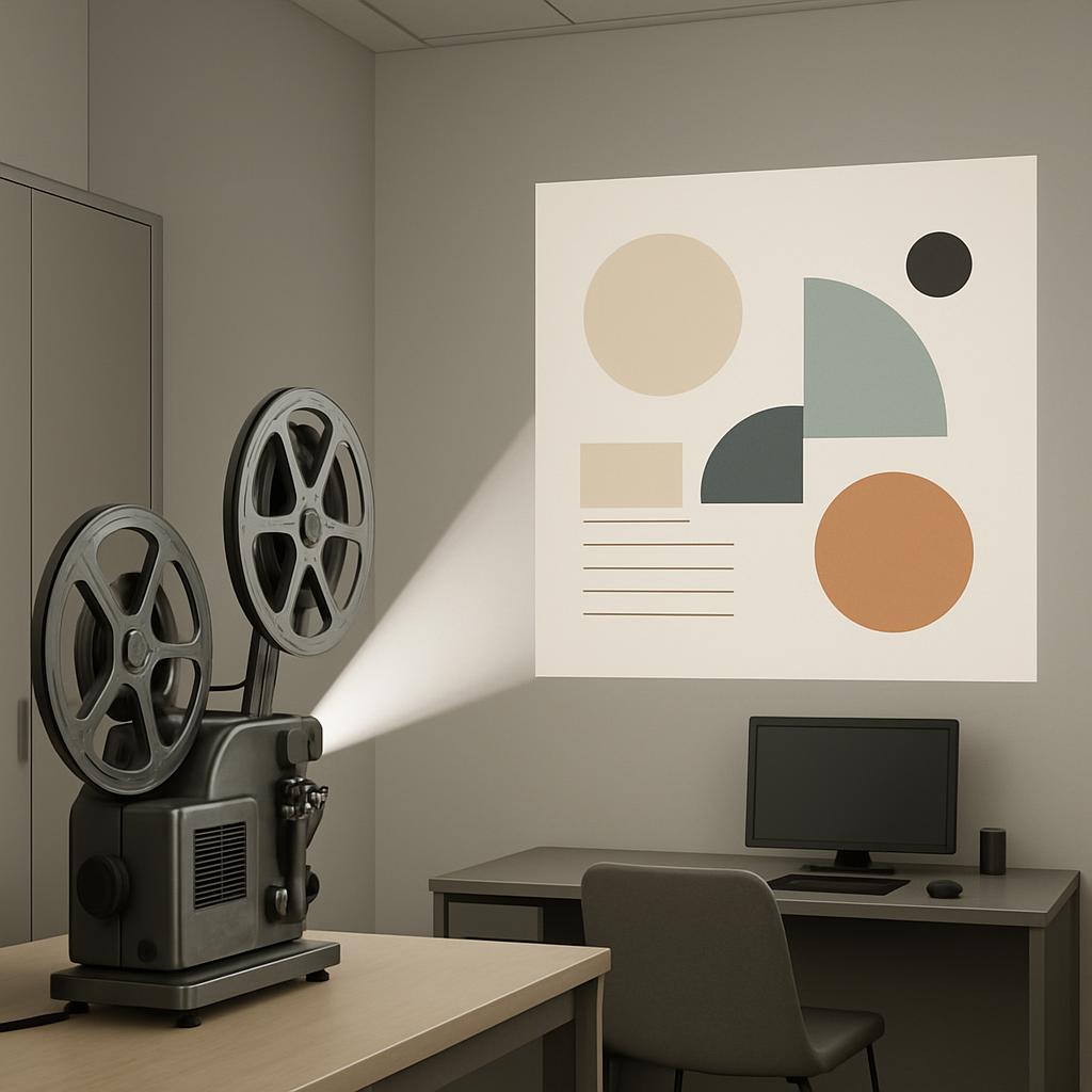 A beige-colored room with a black vintage-style film projector emits light onto a modern geometric graphic-colored pattern...