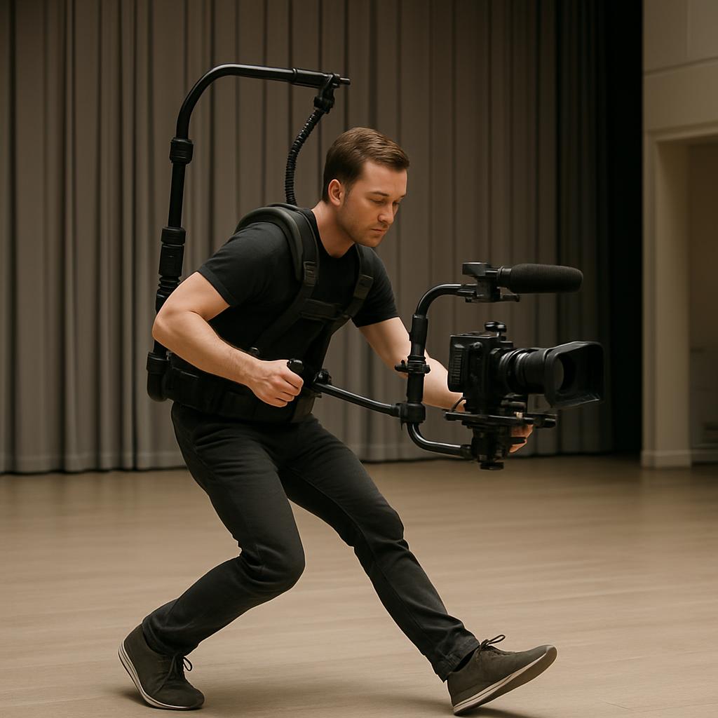 This image portrays a male cinematographer or videographer in the midst of filming, dressed in solid black trousers and to...
