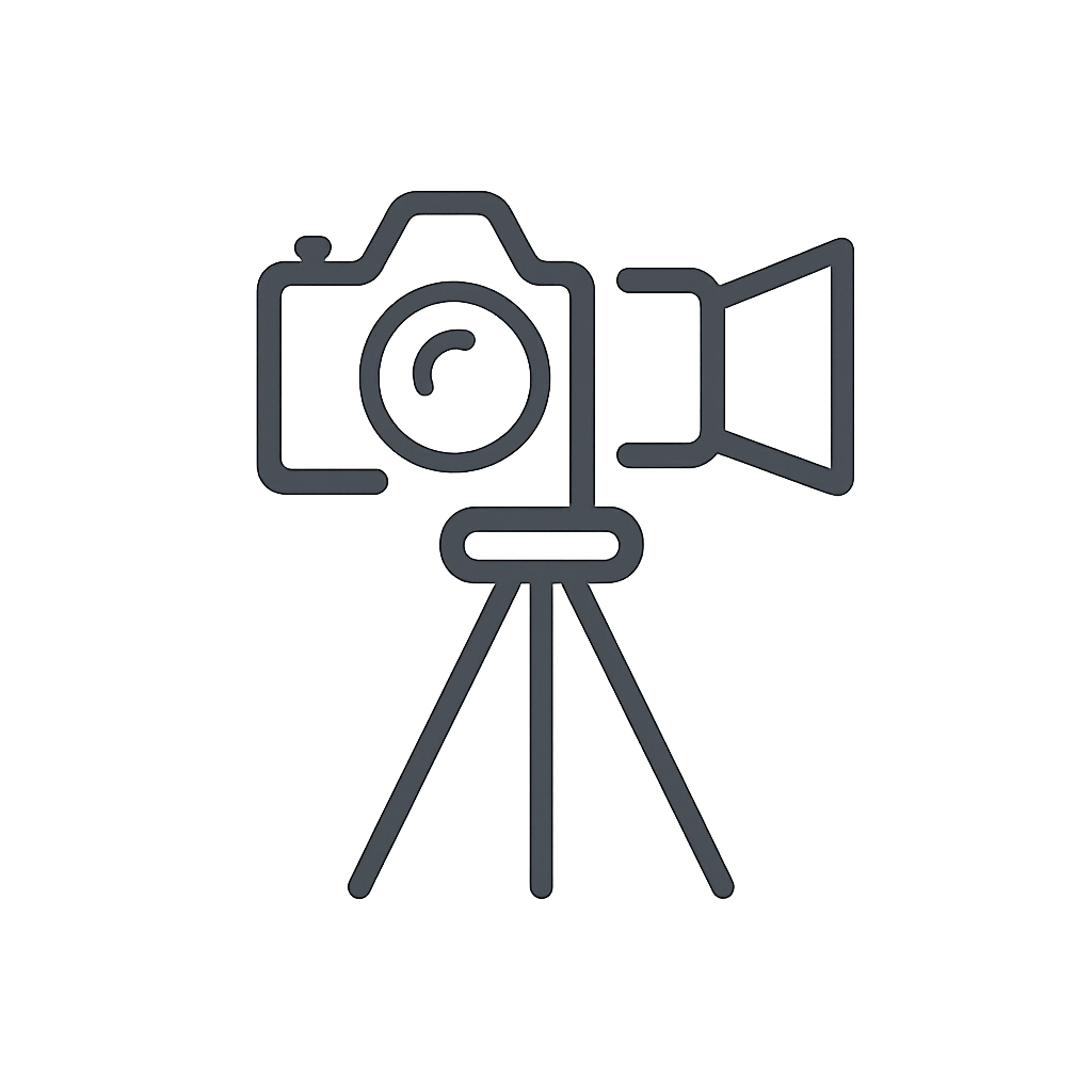 A camera, specifically a DSLR, icon designed for graphic use.